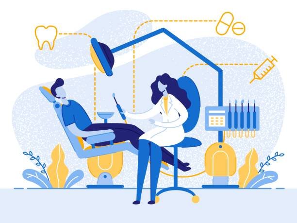 Teeth Checkup, Medical Examination Flat Cartoon Vector Illustration. Patient Sitting in Dental Chair and Woman Dentist Characters. Stomatology Visit, Dental Office Equipment. Healthcare, Treatment.